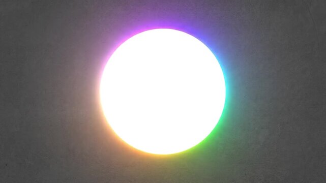 Bright glowing circular neon light with colorful rim, abstract modern design element for background