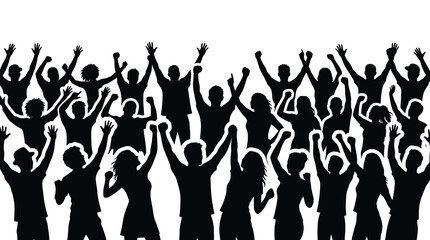 Fototapeta premium Black silhouette vector illustration of a happy cheering crowd of people raising their arms high