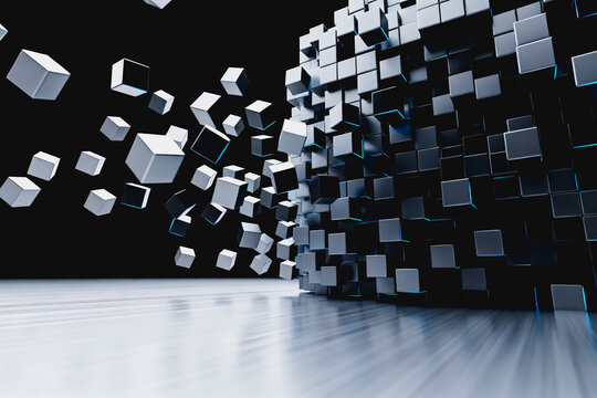 3D render of geometric cubes breaking away from a solid structured wall, floating above a metallic floor against a black background, with subtle blue edge lighting.