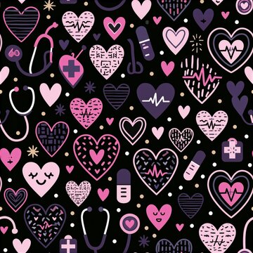 Seamless Medical Pattern With Hearts, Stethoscopes and EKG Symbols