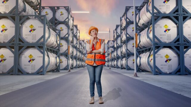 Full Body Of Asian Female Engineer With Safety Helmet Thinking And Looking Around Then Raising Her Index Finger While Standing at Industrial Chemical Tank Container Storage Facility