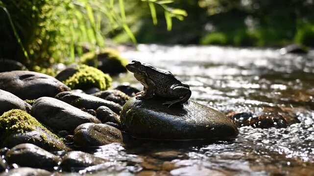 A Solitary Frog Rests Peacefully Upon A Smooth River Rock Amidst The Serene Flow Of A Sparkling Natural Mountain Stream