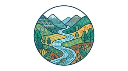 Fototapeten Hokusai Die Große Welle Stylized Nature Landscape with River and Mountains in Circle  © Syaira