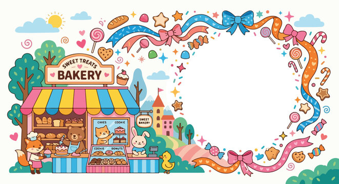A colorful vector illustration of a whimsical animal-run bakery featuring a large white frame decorated with ribbons and candy.