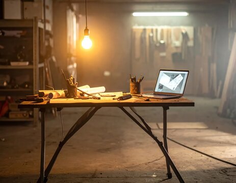 Workshop desk with plans, laptop, and tools under a warm light