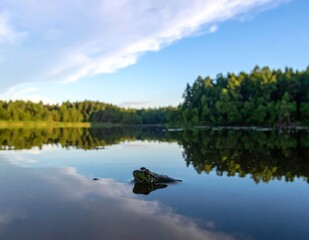 Fototapeta premium Frog in lake, head above water, reflecting forest and sky in background