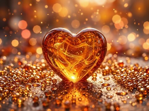 A glowing amber heart surrounded by sparkling lights and glitter