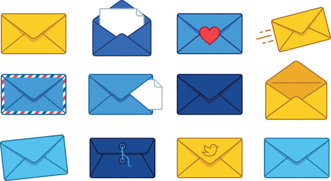 Postal mail envelope vector icon set featuring blue and yellow open letters airmail stripes love heart stamp bird messenger and string tie pockets.