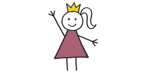 Fototapeta premium Stick Figure Girl Wearing Pink Dress And Crown Waving On Black Background For Royalty Concepts