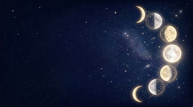 Celestial moon phases cycle in starry night sky