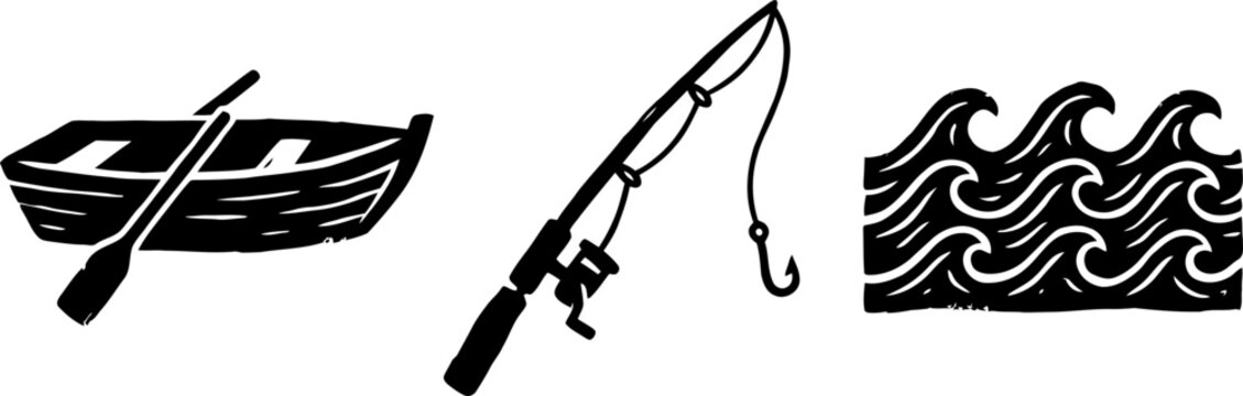 Illustration of a small wooden rowboat with oars, a fishing rod with a hook, and stylized waves, all in black on a transparent background.
