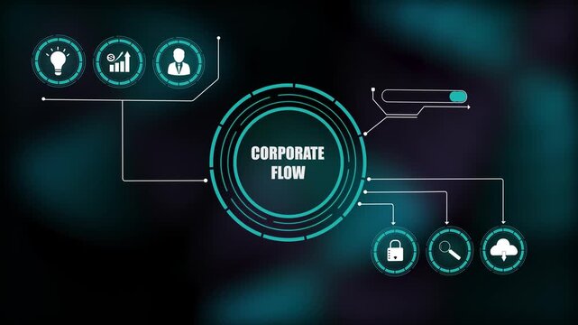 Corporate flow business process dashboard loop, futuristic financial strategy management background motion graphics animation, abstract tech HUD.