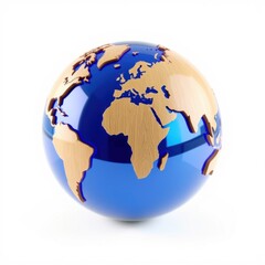 Fototapeta premium Globe showing continents, oceans. Blue water contrasts beige landmasses. Shiny surface reflects light, creating visual interest.