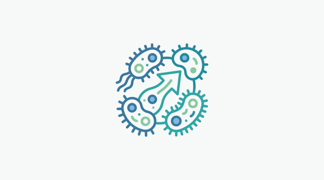 Microscopic bacteria in a circular formation with an arrow indicating growth.