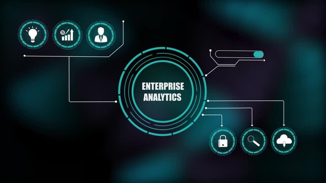 Enterprise analytics data dashboard background loop, futuristic corporate financial statistics motion graphics animation, dark abstract tech HUD background.