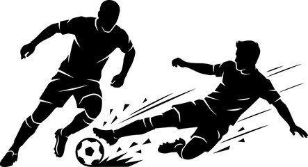 Fototapeta premium Two soccer fifa players battling for the ball in a sliding tackle. Dynamic black and white football silhouette. Sports action vector illustration
