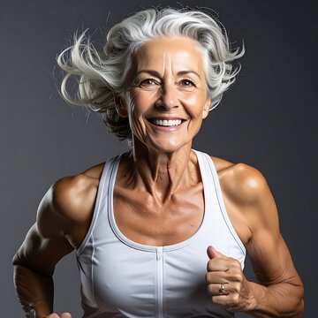 A smiling senior woman with short gray hair running