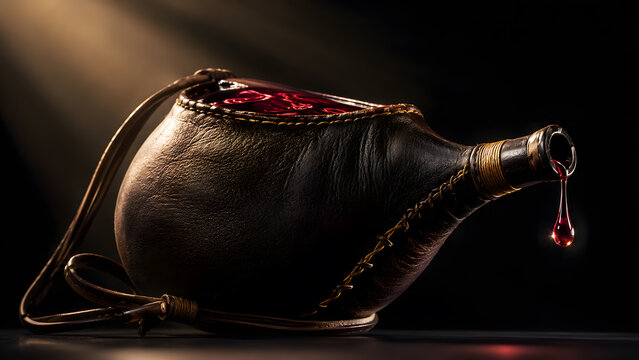 Traditional leather bota bag wine skin container laying down with a red wine droplet dripping from the nozzle on a dark background with dramatic side light