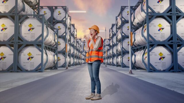 Full Body Side View Of Asian Female Engineer With Safety Helmet Smiling To Camera And Saying Wow While Standing at Industrial Chemical Tank Container Storage Facility
