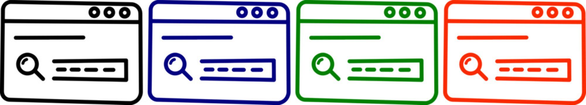Four web browser interface icons with search bar in black blue green and orange on transparent background