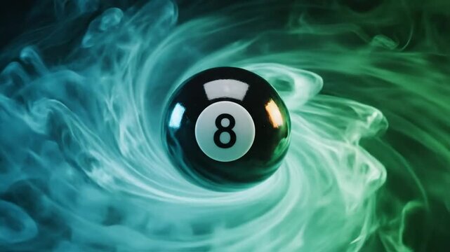 Mystical 8-ball floating in a swirling vortex of blue and green smoke, abstract background