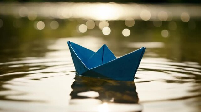 Tranquil scene of a small blue paper boat gently floating on rippling water with soft bokeh background