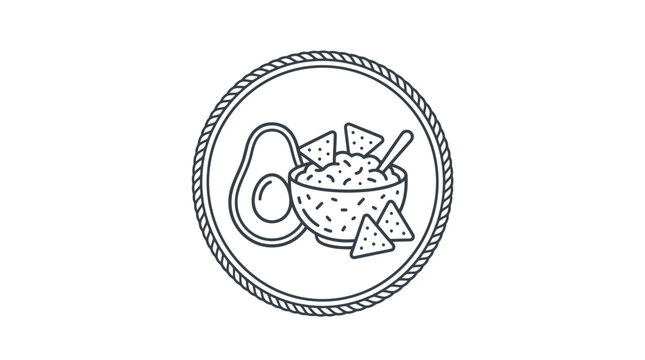 Hand drawn illustration of a bowl of guacamole with avocado and tortilla chips inside a circular rope border.