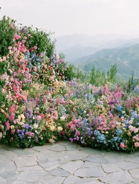 Lush Colorful Flower Garden Overlooking Misty Mountain Valleys