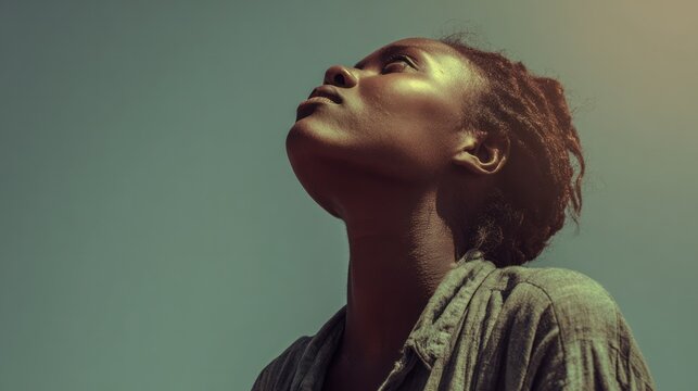 Looking Up to the Sky: A young Black woman with dreadlocks tilts her head back, gazing towards the heavens, a powerful symbol of hope, faith, and spiritual connection in a serene, sun-kissed moment.