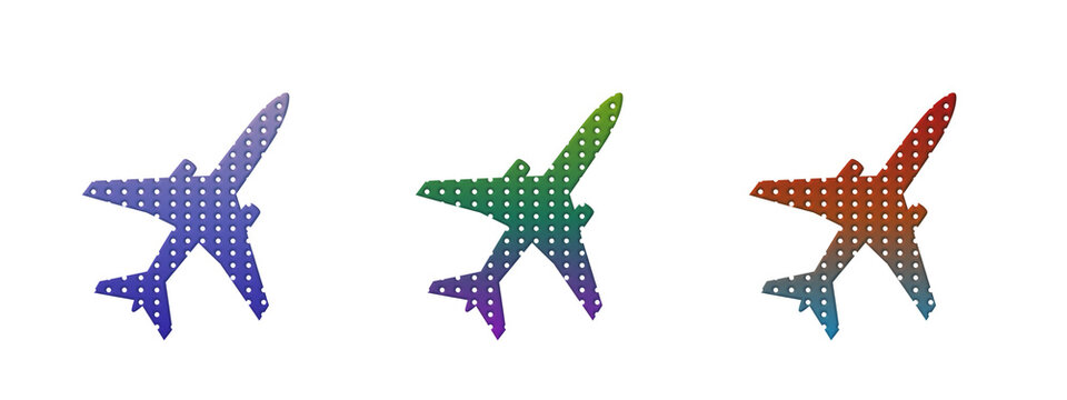 Three colorful airplane icons with a dot pattern design