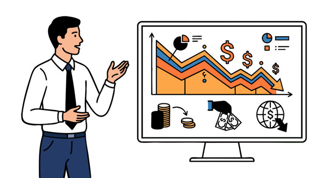 A trader explains the decline in the value of the dollar through infographics on a monitor screen.