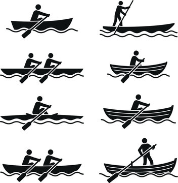 Silhouetted figures practicing rowing and standing paddle techniques in different vessels shown against a transparent background grid for clean professional composition.