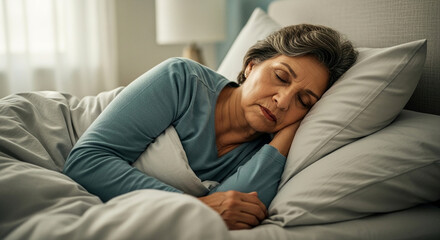 Obraz premium Senior woman sleeping peacefully in her comfortable bed at home, enjoying a deep restful sleep with soft pillows and warm blankets during the morning.