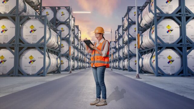 Full Body Side View Of Asian Female Engineer With Safety Helmet Taking Note On The Tablet And Looking Around While Standing at Industrial Chemical Tank Container Storage Facility