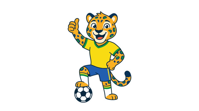 Ginga mascot in yellow and blue leopard uniform for brazil soccer, perfect for sports designs and athletic events promotional material.