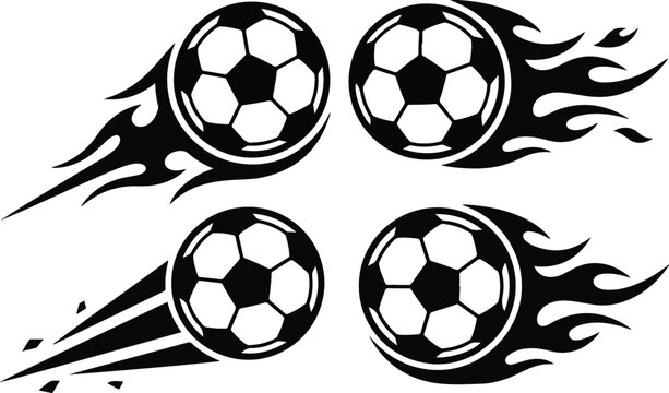 2026 Collection: Set of 4 Black Silhouette Soccer Balls with Dynamic Fire and Motion Trails on Clean White Background