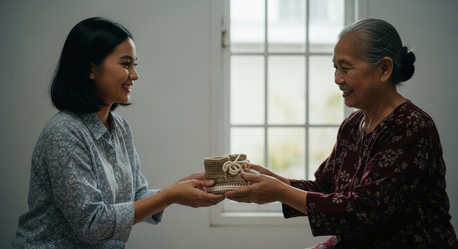 Smiling young woman sharing news of pregnancy with her grandmother while holding tiny handmade crochet baby booties in a cozy home setting indoors.