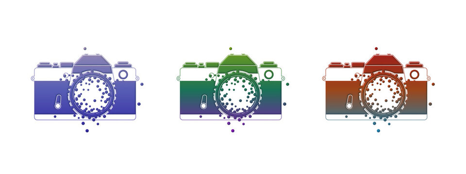 Three colorful vintage cameras with glitter sparkle effect