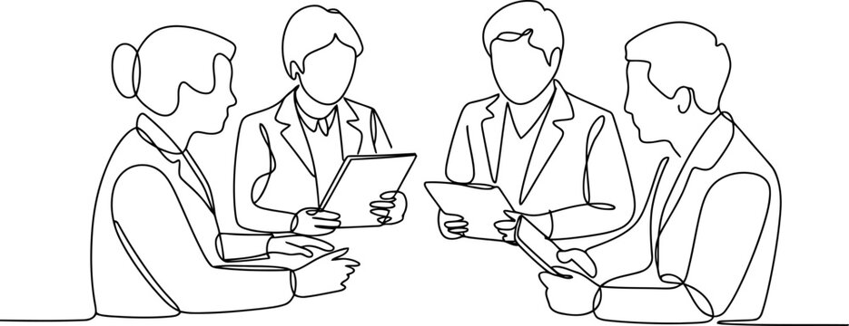 Four business professionals in suits reviewing documents at a table in continuous line style