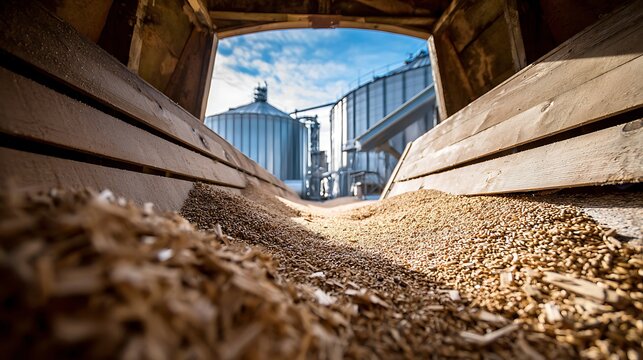 Low angle view of grain and wood chips inside a rustic trailer at a grain elevator facility.