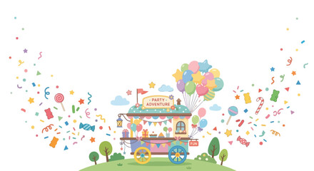 Naklejka premium A whimsical party adventure wagon bursts with colorful confetti, balloons, and sweets in a celebratory outdoor setting.