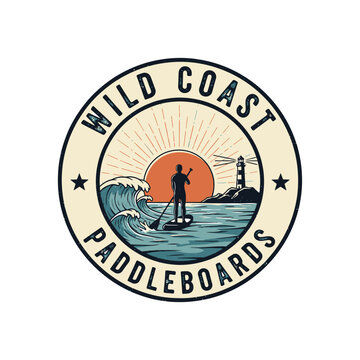 Beach-inspired vector emblem for surf shops, water sports equipment, and coastal tourism. Highlights a relaxed ocean lifestyle and the beauty of the sea at dusk.