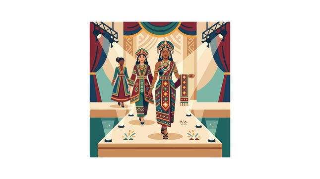 Three models walking on a fashion runway wearing traditional Indian ethnic clothing.
