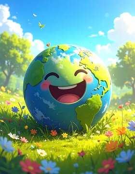 A smiling cartoon globe in a lush green field with vibrant flowers