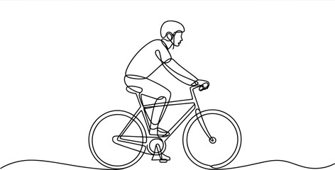 Fototapeta premium Person riding a bicycle wearing a helmet in a continuous single line style on a white background 