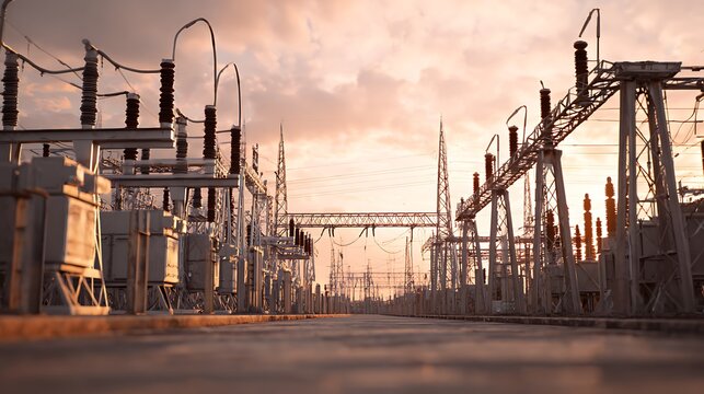 High Voltage Electrical Power Substation at Sunset.