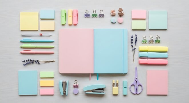 Pastel stationery collection with open notebook, flat lay of school supplies and office accessories, colorful desk organization set