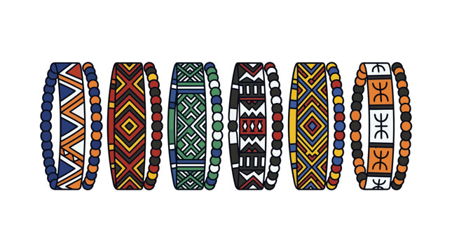 A collection of six colorful tribal style beaded bracelets with geometric patterns.