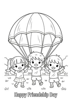 Three children holding a parachute together outdoors.