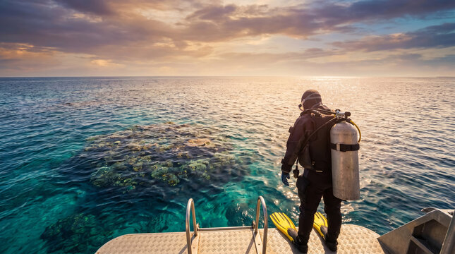 Scuba diver in full black wetsuit, holding yellow fins at sunset, standing on boat deck looking at coral reef, tropical turquoise ocean water, marine adventure water sports